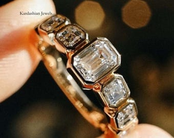 Stunning Emerald Cut Moissanite Engagement Ring, Bezel Set Half Eternity Matching Wedding Band, Side Asscher Cut Stacking Ring,Birthday Gift