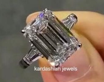 5 CT Emerald Cut Moissanite Engagement Ring, Side Tapered Baguette Three Stone Wedding Ring, Anniversary Ring For Wife, Promise Ring For Her