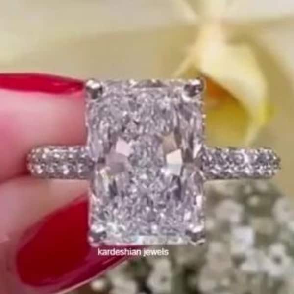 4 Ct Radiant Cut Moissanite Engagement Ring, Cathedral Set Three Side Pave Wedding Ring 14K White Gold Hidden Halo Stackable Ring For Women