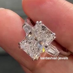 Sparkly Radiant Cut Moissanite Trilogy Ring, Side Tapered Baguette Engagement Ring, Double Prong Set Moissanite Designer Ring For Bride