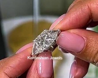 3.5CT Flawless Princess Cut Ring, Triangle Cut Side Stone, 14k Solid White Gold Ring, Three Stone Moissanite Ring Hand Crafted Jewelry Gift