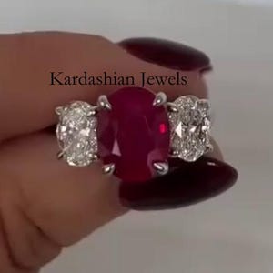 Unique Oval Cut Ruby Engagement Ring, Vintage Side Moissanite Handmade 14k Gold Plated Trilogy Ring, Solitaire Wedding Gift Ring For Her