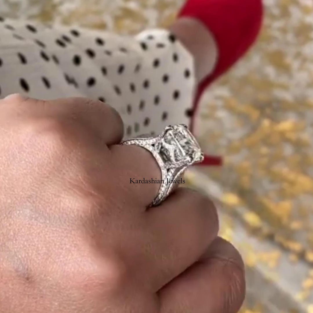Cushion Cut Moissanite Engagement Ring, Split Shank Set Wedding Ring ...