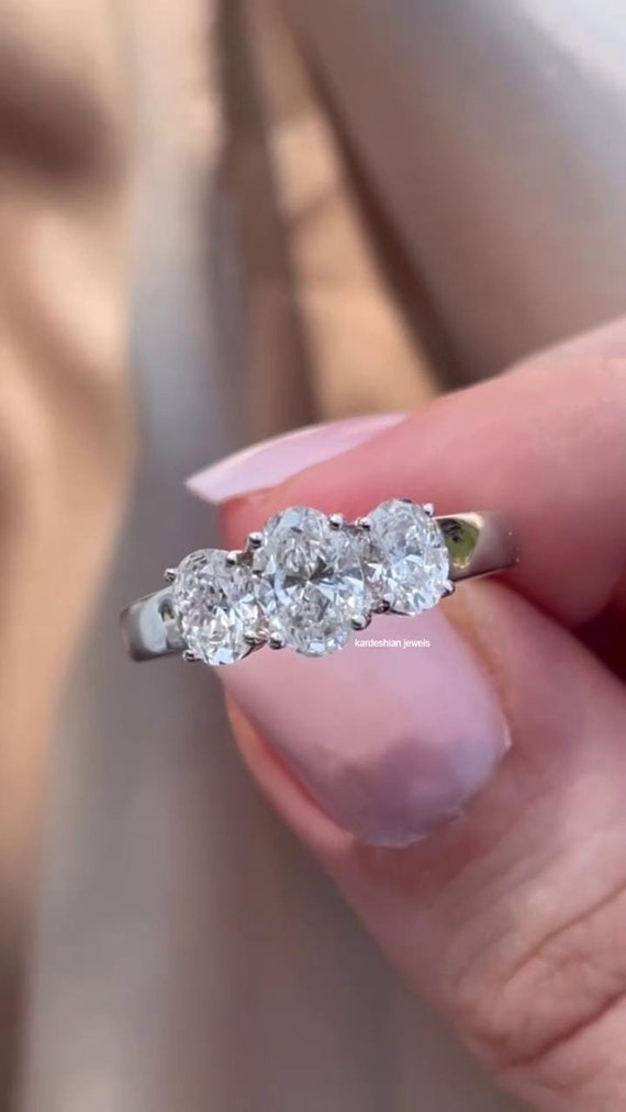 Three Stone Oval Shaped Engagement Ring, Basket Setting, 925