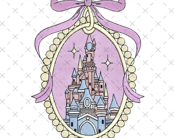Aquarel magische kasteelcoquette met roze strik, cartoon roze lint, familievakantie prinses SVG PNG instant download