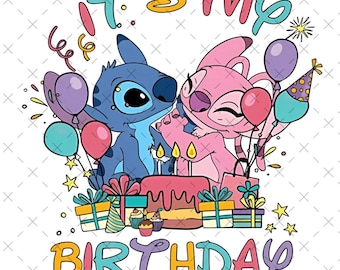 Stitch y Angel "Es mi cumpleaños" PNG SVG, Diseño de cumpleaños, Lindo personaje de dibujos animados, Diseño de sublimación, descarga instantánea