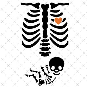 May include: Black and orange Halloween-themed graphic featuring a stylized rib cage with an orange heart, and a fetal skeleton. The design is on a white background with a subtle crosshatch pattern, perfect for spooky season.