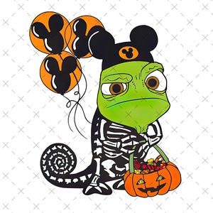May include: A green chameleon wearing a black skeleton costume and a Mickey Mouse hat, holding an orange pumpkin basket filled with candy. Three orange and black Mickey Mouse balloons float above. Halloween-themed illustration.