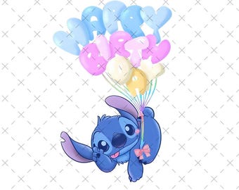 Stitch Happy Birthday Balloons PNG, Clipart Stitch SVG, Transparent Background , Cute Hawaiian, Disney Birthday Party, Disney Shirts Png