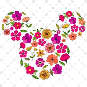 Puede incluir: Un diseño floral con forma de cabeza de ratón. El diseño está compuesto por varias flores en tonos rosa, morado, naranja y amarillo, con hojas verdes. El fondo es blanco con un sutil patrón de cruces.
