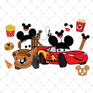 May include: Illustration of two cartoon cars, one brown and one red, with Mickey Mouse ears. The red car has the number 95 on it. Various food items and Mickey Mouse ear icons are scattered around the cars.