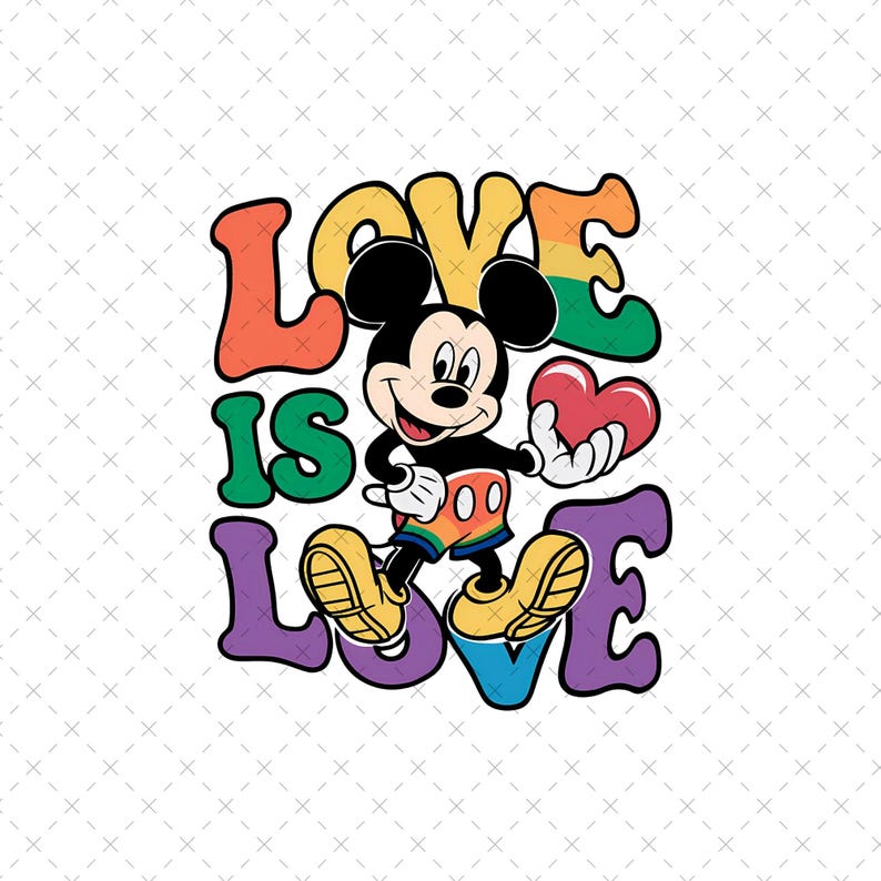 Op de afbeelding: Een kleurrijke afbeelding met Mickey Mouse die een rood hart vasthoudt, met de woorden "LOVE IS LOVE" in levendige, retro-stijl letters. Mickey draagt een regenboogkleurige korte broek en schoenen.