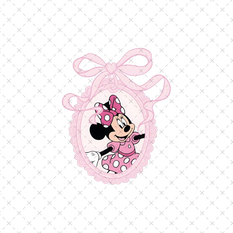 May include: A cartoon illustration of Minnie Mouse in a pink polka-dot dress and bow, framed within a pink oval with a decorative bow at the top. The background is white with a subtle crosshatch pattern.