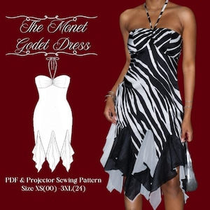 Puede incluir: Un vestido halter con estampado de cebra en blanco y negro, escote coraz&oacute;n y bajo con godets superpuestos. La imagen incluye un dibujo t&eacute;cnico del vestido y el texto The Monet Godet Dress PDF & Projector Sewing Pattern Size XS(00) - 3XL(24).