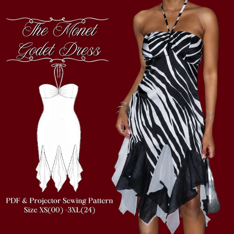 Puede incluir: Un vestido halter con estampado de cebra en blanco y negro, escote coraz&oacute;n y bajo con godets superpuestos. La imagen incluye un dibujo t&eacute;cnico del vestido y el texto The Monet Godet Dress PDF & Projector Sewing Pattern Size XS(00) - 3XL(24).