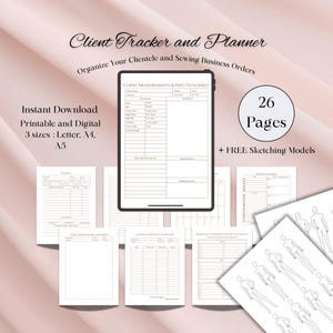 Op de afbeelding: Een digitale klanttracker en planner met de tekst "Client Tracker and Planner" en "Organize Your Clientele and Sewing Business Orders". Bevat 26 pagina's, gratis schetsmodellen en is beschikbaar in de formaten Letter, A4 en A5.