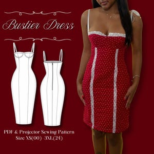May include: A red bustier dress with white polka dots, featuring white lace trim along the neckline and vertical panels. The image includes a technical line drawing of the front and back of the dress, with text reading Bustier Dress and PDF & Projector Sewing Pattern Size XS(00)-3XL(24).