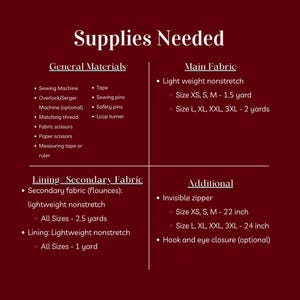 Puede incluir: Una tabla informativa de color rojo oscuro titulada Supplies Needed, organizada en cuatro secciones: General Materials, Main Fabric, Lining/Secondary Fabric y Additional. El texto enumera herramientas de costura, yardas de tela y accesorios.