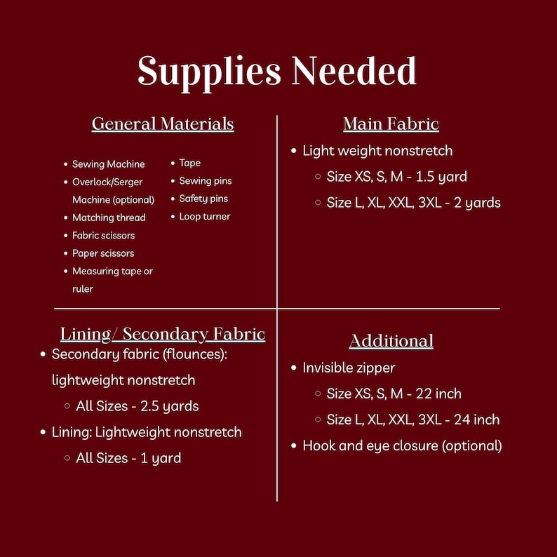 Puede incluir: Una tabla informativa de color rojo oscuro titulada Supplies Needed, organizada en cuatro secciones: General Materials, Main Fabric, Lining/Secondary Fabric y Additional. El texto enumera herramientas de costura, yardas de tela y accesorios.