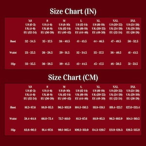 Puede incluir: Una tabla de tallas sobre un fondo rojo oscuro con texto en blanco. La tabla superior muestra medidas en pulgadas para busto, cintura y cadera de XS a 3XL. La tabla inferior presenta las mismas medidas en cent&iacute;metros para cada talla.