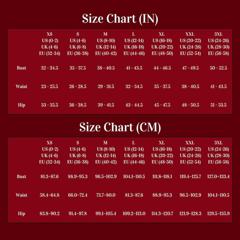 Puede incluir: Una tabla de tallas sobre un fondo rojo oscuro con texto en blanco. La tabla superior muestra medidas en pulgadas para busto, cintura y cadera de XS a 3XL. La tabla inferior presenta las mismas medidas en cent&iacute;metros para cada talla.
