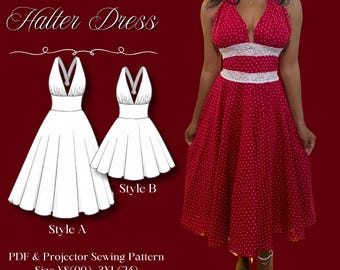 Patrón de costura en PDF para vestido halter / Vestido estilo cottagecore (XS–3XL) / Carta A4 A0