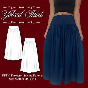 Pode incluir: É apresentada uma saia yoked azul marinho, com cintura alta e saia fluida e franzida. A imagem também inclui um desenho linear da saia e o texto "Yoked Skirt" e "PDF & Projector Sewing Pattern Size XS(00) - 3XL(24)".