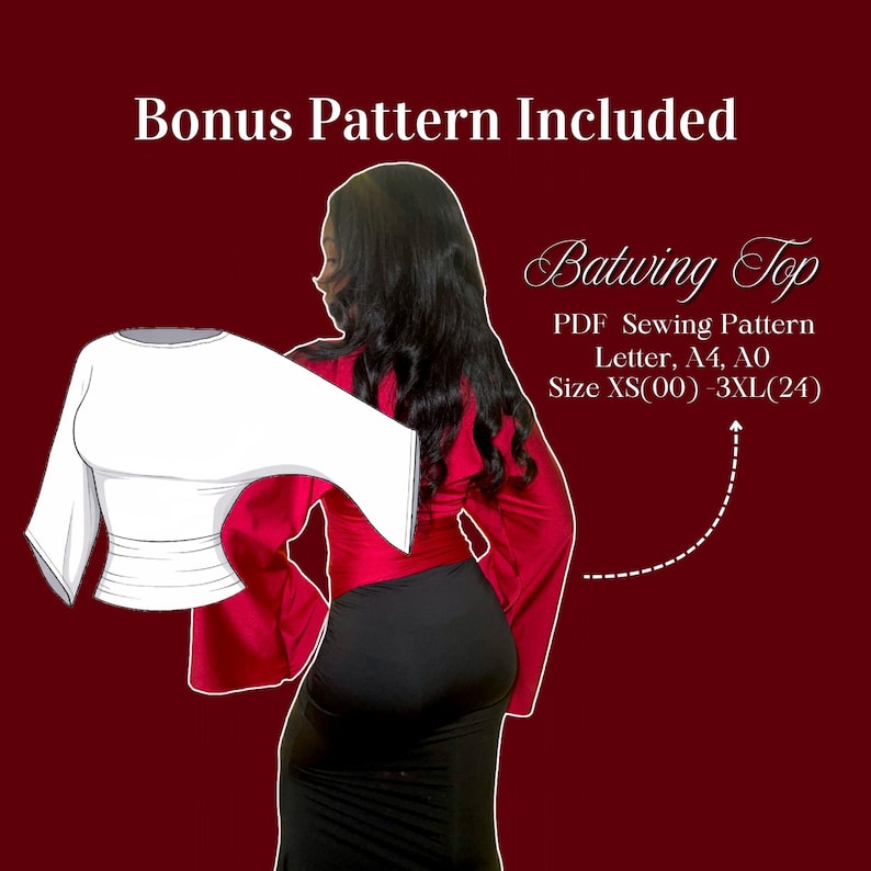 Puede incluir: Un gr&aacute;fico digital que presenta un dibujo lineal blanco de una blusa tipo murci&eacute;lago con mangas anchas y cintura ajustada. El texto dice: Bonus Pattern Included, Batwing Top, PDF Sewing Pattern, Letter, A4, A0, Size XS(00)-3XL(24).