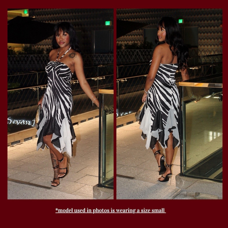 Puede incluir: Un vestido sin mangas con cuello halter y estampado de cebra en blanco y negro. La prenda tiene un corpi&ntilde;o ajustado y un dobladillo en punta con paneles asim&eacute;tricos superpuestos de tela blanca y negra que caen por debajo de la rodilla.