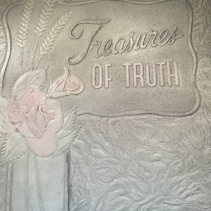 Op de afbeelding: Een lichtgrijze, gestructureerde kaft met de in reliëf aangebrachte tekst Treasures OF TRUTH in een centraal kader. Het ontwerp bevat een reliëf van korenaren en een lichtroze roos met bladeren aan de linkerkant op een wervelende achtergrond.