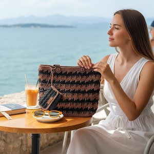 Crochet Tote Bag – Glitter Macrame Shoulder Purse, Leather Strap, Snap Closure, Poplin Lining, Wallet Set, Brown Black