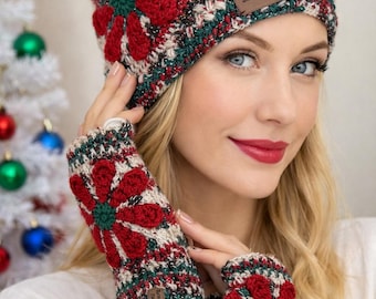 Handmade Floral Knit Hat and Gloves Set, Wool Shimmering Boho Winter Style