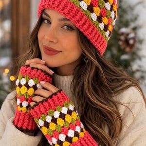 Handgemaakte set gehaakte beanie en vingerloze handschoenen – acrylgaren – wintermutsenset – cadeau voor haar – kleurrijke oma vierkante gebreide set
