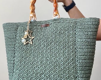 Handmade XL Raffia Crochet Beach Bag, Large Boho Summer Tote, Bone Handle Shoulder Bag