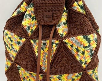 Handmade Crochet Backpack, Granny Square Boho Cotton Bag, Festival Summer Backpack for Women