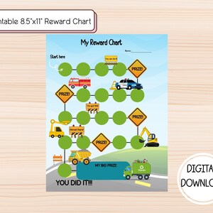 Kids reward chart, construction printable, sticker chart, potty training chart, printable reward, boys reward, car reward chart.