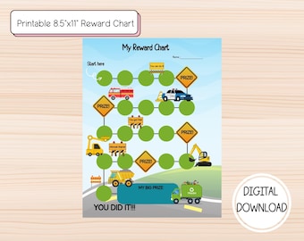 Kids reward chart, construction printable, sticker chart, potty training chart, printable reward, boys reward, car reward chart.