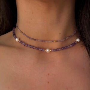 Amethyst Stone Choker Necklace - Stretch Necklace with Natural Stones and Gold Plated Beads - Gift for Women