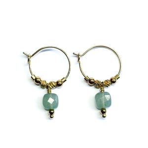 Green Aventurine Hoop Earrings - Gold Stainless Steel Earrings with Gold Plated Beads - Natural Stones