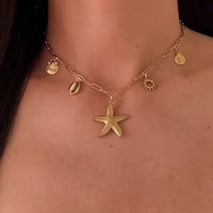 Women&#39;s gold-plated stainless steel necklace with shell and starfish charms - Ocean necklace - Shell necklace - Summer pendant necklace