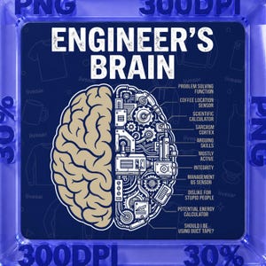 Puede incluir: Un diseño gráfico azul oscuro con un cerebro dividido en dos. El lado izquierdo es orgánico, el derecho es mecánico con engranajes y etiquetas como ENGINEER'S BRAIN, PROBLEM SOLVING FUNCTION, COFFEE LOCATION SENSOR, SCIENTIFIC CALCULATOR, SARCASM CORTEX, ARGUING SKILLS, MOSTLY ACTIVE, INTEGRITY, MANAGEMENT BS SENSOR, DISLIKE FOR STUPID PEOPLE, POTENTIAL ENERGY CALCULATOR y SHOULD I BE USING DUCT TAPE?