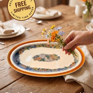 May include: Oval serving platter with a cream-colored center, floral design, and orange and blue border. The platter is on a wooden table. Text reads: Timeless German craftsmanship for your modern table.