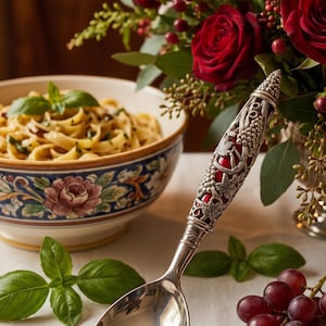 May include: A silver serving spoon with a decorative handle featuring a raised grape and vine motif over a deep red background. The spoon is positioned near a bowl of pasta, fresh basil leaves, and a cluster of red grapes. Text reads current heirloom obsession @elegantoldtreasures.