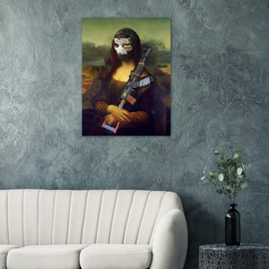May include: A painting of the Mona Lisa holding a black and grey assault rifle. The Mona Lisa is wearing a black helmet with a skull design. The background is a green landscape.