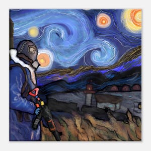 Pode incluir: Impressão de arte digital que retrata uma figura com um casaco azul e máscara de gás, segurando um rifle, contra um céu noturno turbulento que lembra "A Noite Estrelada" de Van Gogh. A cena inclui um farol e edifícios.