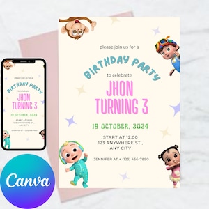 Editable Cartoon-themed Birthday Party Invitation for kids - digital download