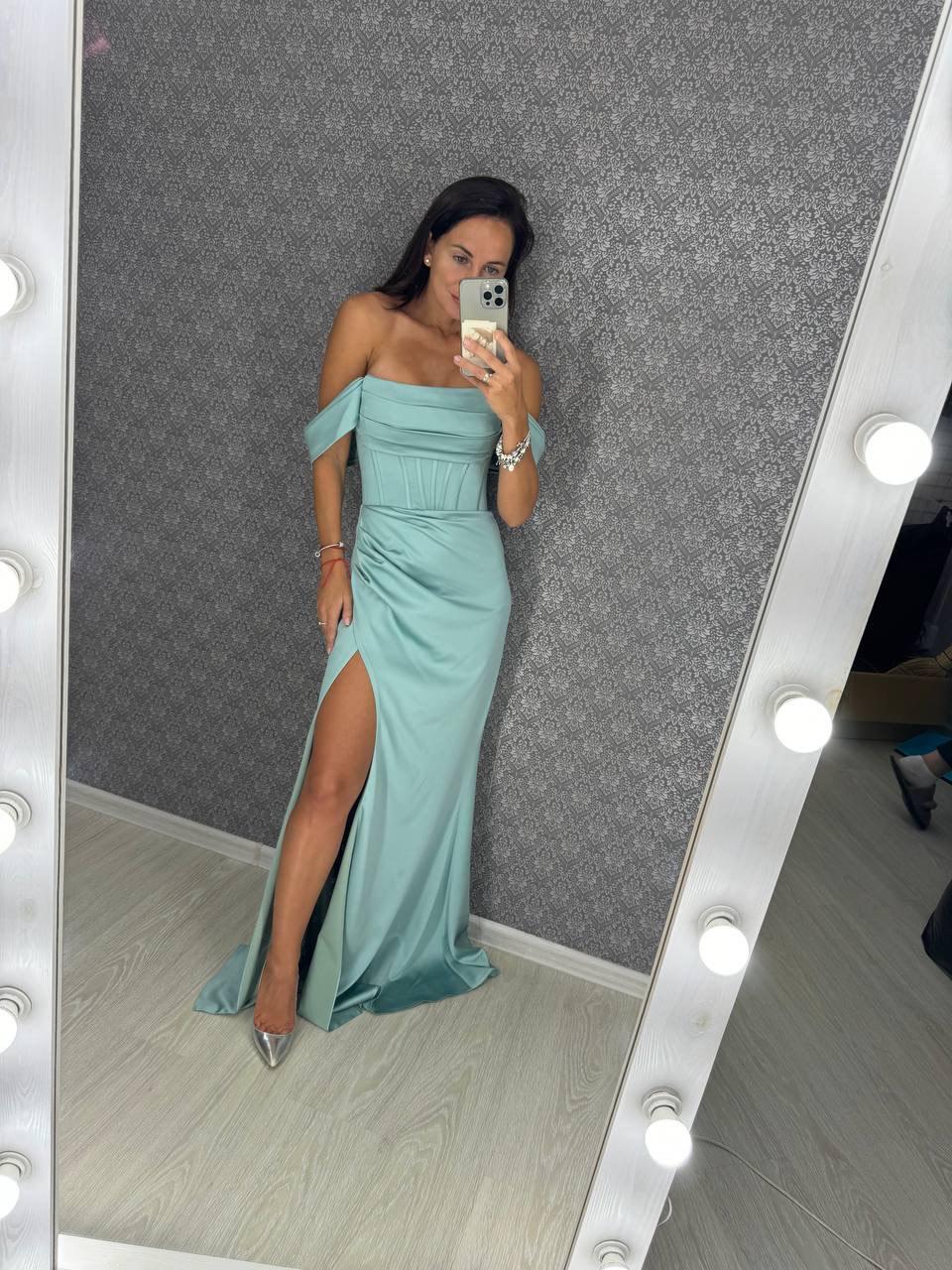 Sage Green Corset Bridesmaid Dress, Satin Evening Gown