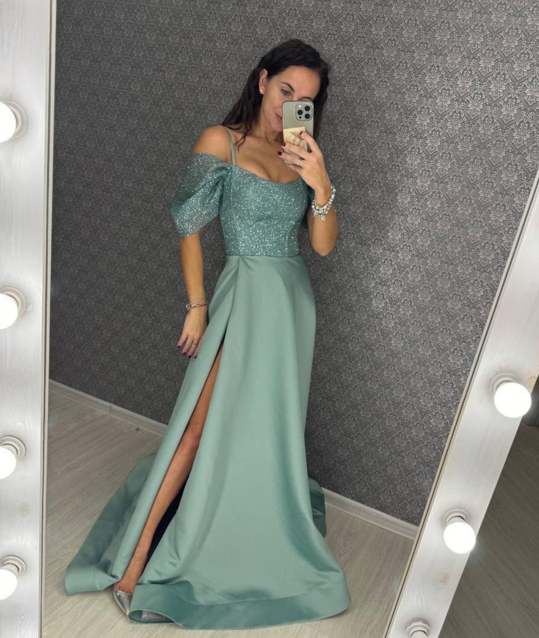 sage green corset bridesmaid dresses Sage Green Satin Off The Shoulder Corset High Slit Bridesmaid Dress 26 SposaDresses