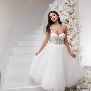 Winter white midi wedding dress White Tea-length wedding Elope dress Civil wedding dress Reception dress  Sweetheart Corset
