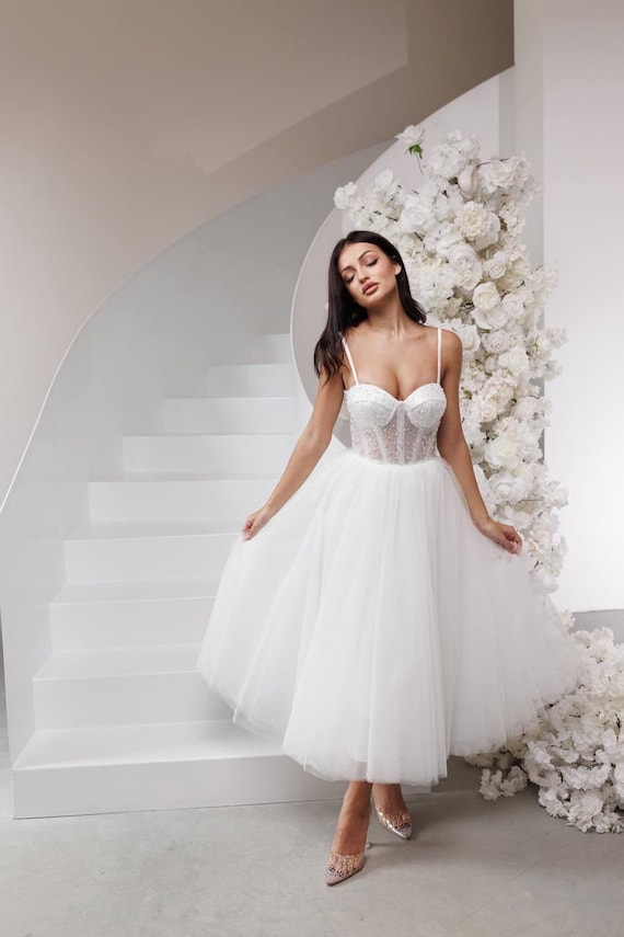 tea length fitted wedding dress Short Sleeve Floral Lace Midi Wedding Dress